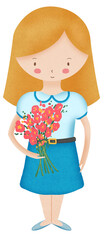 Cute school children, Childrens school, girl with flowers, school uniform, hand drawn illustration