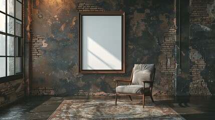 "Mockup Frame in Loft Interior with Armchair on Dark Cement Wall"