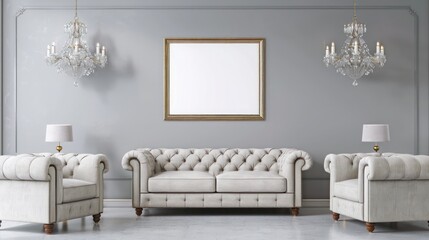 An elegant living room with a poster frame mockup on a pearl grey wall, featuring classic chesterfield sofas and crystal chandeliers for a touch of sophistication.