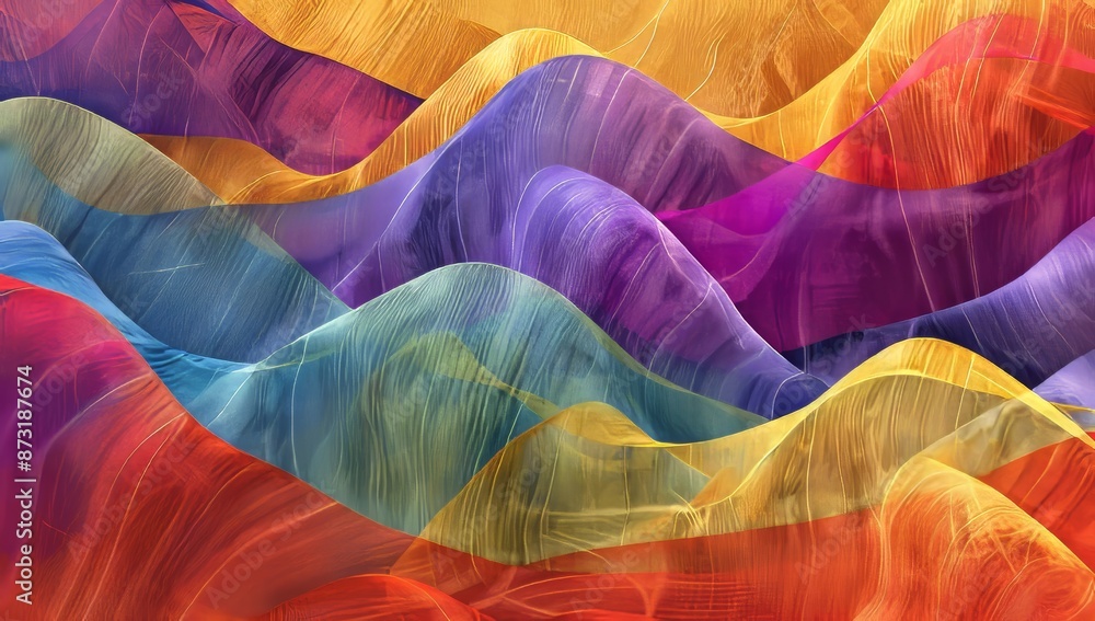 Poster abstract digital art of wavy textured fabrics in various colors in the style.