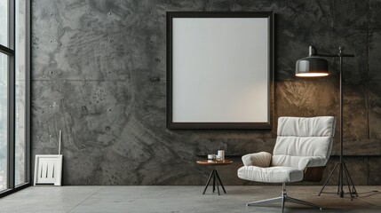 "Mockup Frame in Loft Interior with Armchair on Dark Cement Wall"