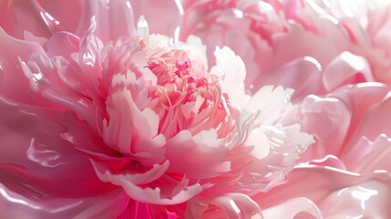 Fototapeta premium 3D pink and white floral background, closeup of one large peony flower with petals in the center of the composition, swirling shapes, glossy plastic texture, high resolution, high detail, high quality