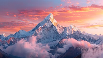 Panoramic View of Ama Dablam Peak in the Himalayas with Pink Sky at Sunrise, Snow-Covered Peaks, Capturing the Majestic Beauty of the Mountain Range