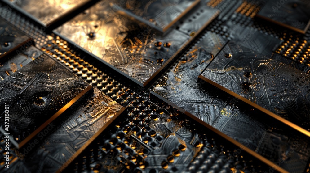 Poster an abstract background with metallic textures and geometric patterns.