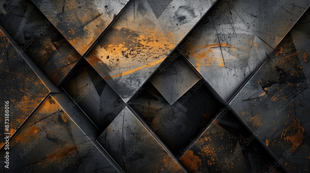 Poster an abstract background with metallic textures and geometric patterns.