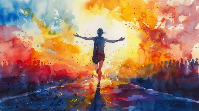 Vibrant watercolor of triumphant runner at sunset, arms raised in victory, against a background of cheering crowd and vivid colors.