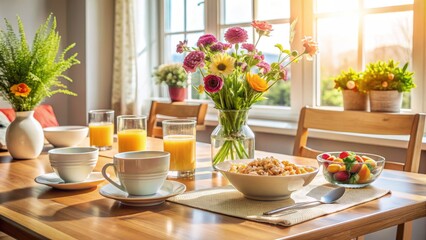 Cozy morning scene with empty dining table set for breakfast, bowl of cereals, juice glasses, and a vase with fresh flowers.