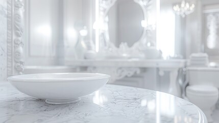 An elegant white bathroom featuring a polished marble table, set against a blurred backdrop of an ornate white ceramic sink and a large mirror reflecting soft, diffused lighting.