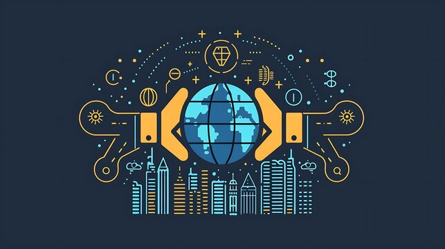 Earth with glowing city lights, political icons like the globe and handshake symbols. Style Flat Design. Colors Blue and Grey.