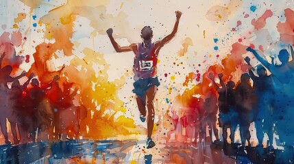 Vibrant watercolor painting of a marathon runner crossing the finish line, celebrating victory amidst colorful splashes.