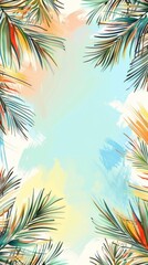 Obraz premium Colorful tropical palm leaves frame with abstract background perfect for invitations and summer designs concept
