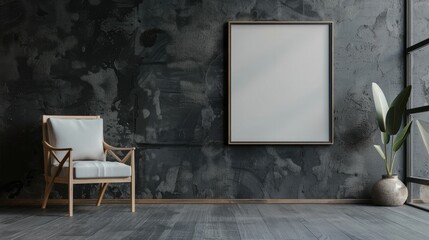 "Mockup Frame in Loft Interior with Armchair on Dark Cement Wall"