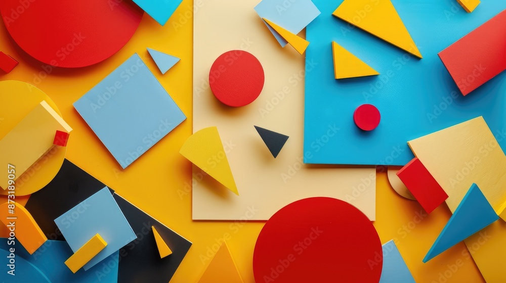 Aufkleber an abstract background with primary colors and geometric shapes.