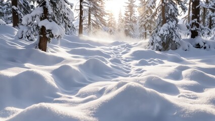 Fototapeta premium the terrain is covered with a snow blanket,