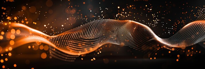 Abstract background with digital waves and glowing dots on a dark black backdrop, in the style of AI technology concept. Digital wave background with bokeh lights and an orange glow for a tech design