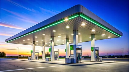 Modern fuel pumps and illuminated signage tower above a clean, empty forecourt under a bright blue morning sky.
