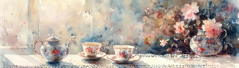 Fototapeta premium Beautiful watercolor painting of a tea set with floral designs, featuring delicate cups and teapots on a charming lace tablecloth.