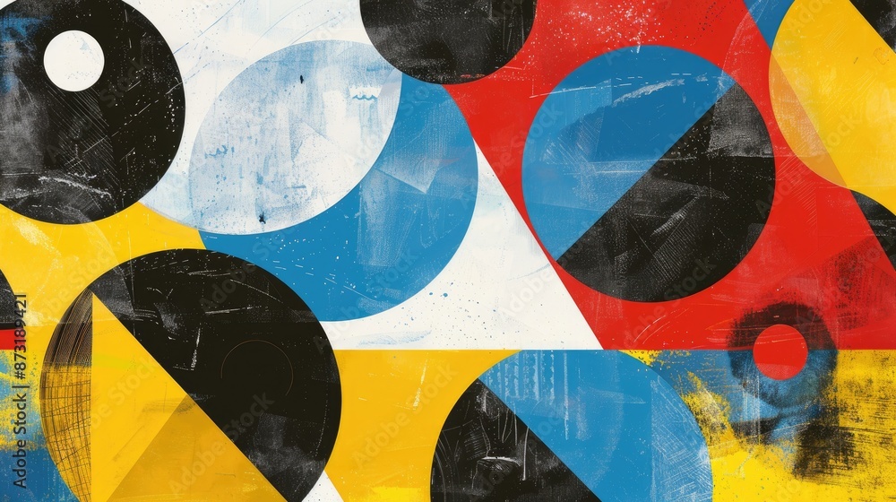 Poster an abstract background with primary colors and geometric shapes.