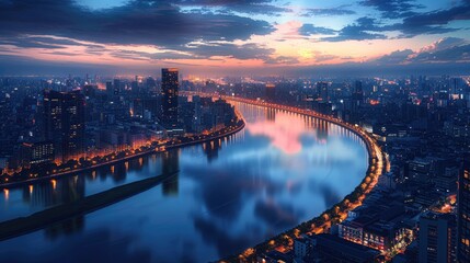 A cityscape at nightfall, with city lights reflected on the calm surface of a river winding through downtown.
