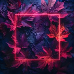 Vibrant neon square frame surrounded by dark purple and red autumn leaves, perfect for fall-themed designs and concepts.