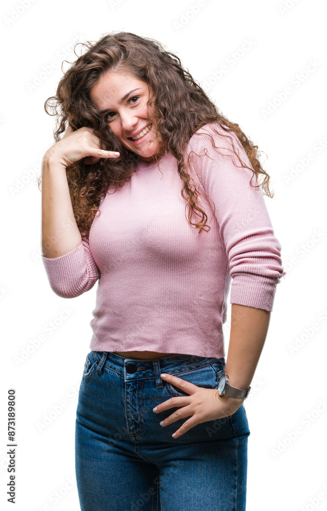 Poster beautiful brunette curly hair young girl wearing pink sweater over isolated background smiling doing