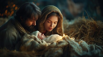 Nativity scene with Mary, Joseph, and baby Jesus in a peaceful setting with warm lighting. Christmas celebration, religious holiday, nativity story, family, spiritual concept. © Anna