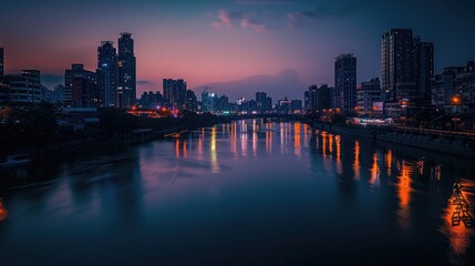 Fototapeta premium A cityscape at nightfall, with city lights reflecting on a calm river flowing through the urban center.
