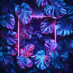 Vibrant neon tropical leaves with a square frame, creating a futuristic and exotic atmosphere. Perfect for backgrounds and modern designs.
