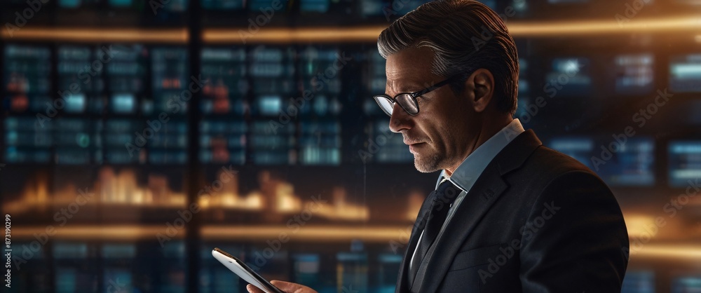 Poster businessman using a tablet is in a sihouette double exposure. in the background is a flow of data sh