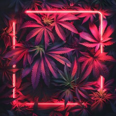Vibrant neon-lit cannabis leaves creating a striking geometric pattern with deep red and purple hues. Ideal for modern and abstract themes.