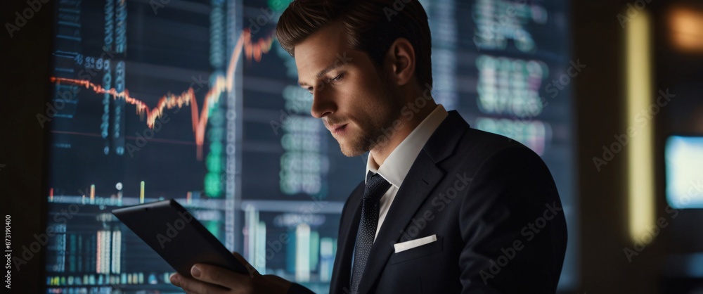 Poster businessman using a tablet is in a sihouette double exposure. in the background is a flow of data sh