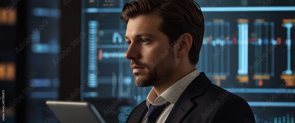 Poster businessman using a tablet is in a sihouette double exposure. in the background is a flow of data sh