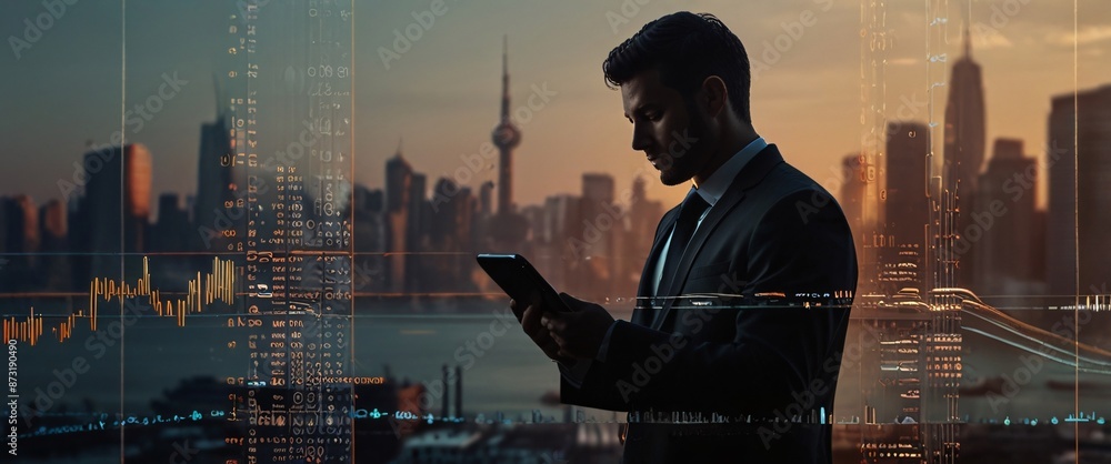Poster businessman using a tablet is in a sihouette double exposure. in the background is a flow of data sh