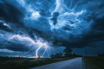 The dramatic sky, filled with lightning and thunder, signaled the arrival of a thunderstorm that threatened to ravage the countryside