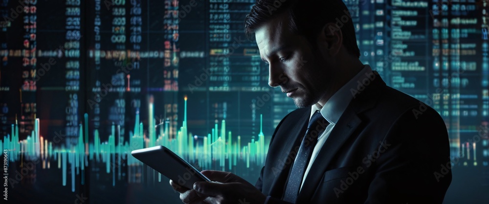 Poster businessman using a tablet is in a sihouette double exposure. in the background is a flow of data sh