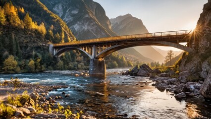 a bridge over a river with mountains in the background
