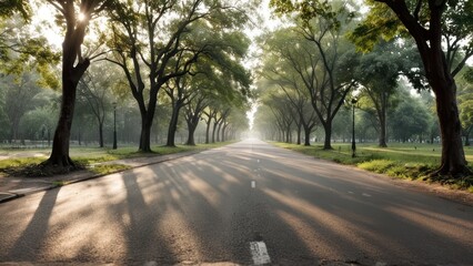  the road in the park is surrounded by dense trees,