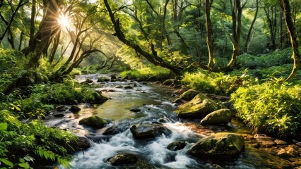 Obraz premium a river running through a lush green forest filled with trees