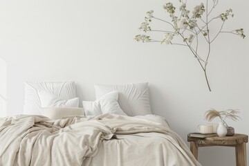 A peaceful retreat with soft linens and plush pillows, inviting relaxation and rejuvenation. The minimalist setup exudes calmness and tranquility.