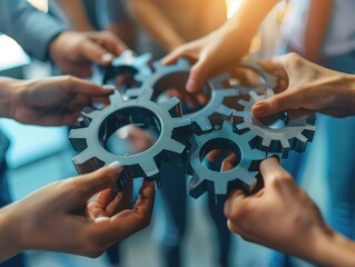 Business team collaborating, connecting gears on a wall in an office, close-up shot showing hands and gears, emphasizing teamwork, brainstorming, and company merger concepts