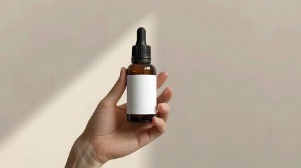 close up product mockup of essential oil bottle with blank white label, held by the hand