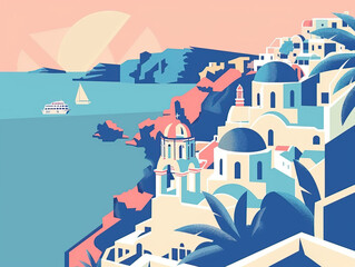 Risograph riso print travel poster, card, wallpaper or banner illustration, modern, isolated, clear and simple of Santorini, Cyclades, Greece. Artistic, screen printing, stencil digital duplication