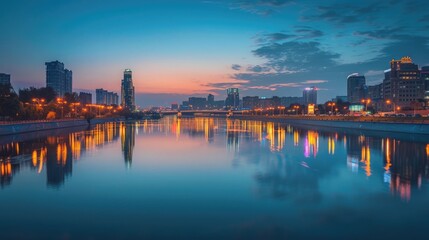 Fototapeta premium A cityscape at nightfall, with city lights reflecting on a calm river flowing through the urban center.