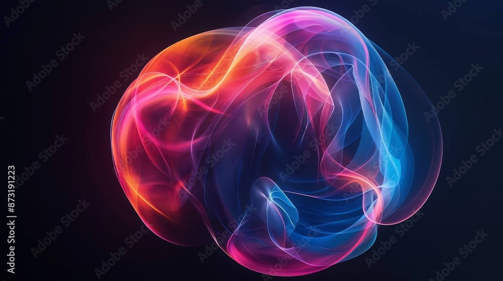 Poster a floating, glowing abstract shape on a black background, with gradient colors from blue to pink and