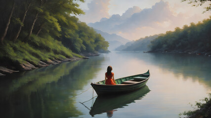 Obraz premium Woman alone on a boat, painting