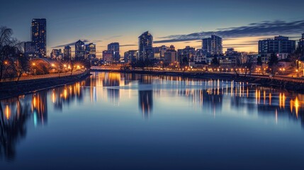 Fototapeta premium A cityscape at nightfall, with city lights reflecting on the calm surface of a river meandering through downtown.