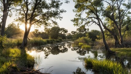 Obraz premium shallow, grassy river with trees and brush on either side next to the water,