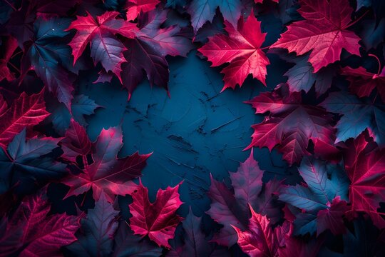 Vibrant red and purple autumn leaves arranged in a frame on a dark blue background, creating a striking seasonal contrast.