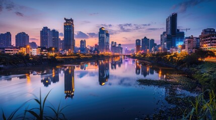 Obraz premium A cityscape at nightfall, with city lights reflecting on the calm surface of a river meandering through downtown.