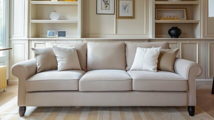 Beige sofa near built-in bookcase. Classic home interior design of modern living room.